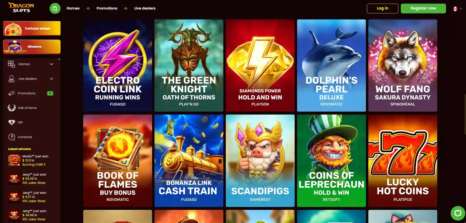 DragonSlots Casino slots game lobby for Canadian players