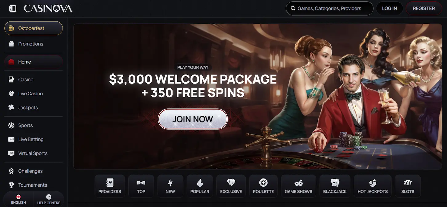 Casinova Casino homepage featuring a welcome bonus offer, game filtering options, and a dark-themed banner with casino-inspired character illustrations