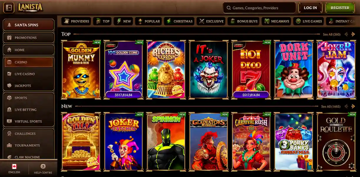 Lanista Casino lobby showcasing its full game selection for Canadian players.