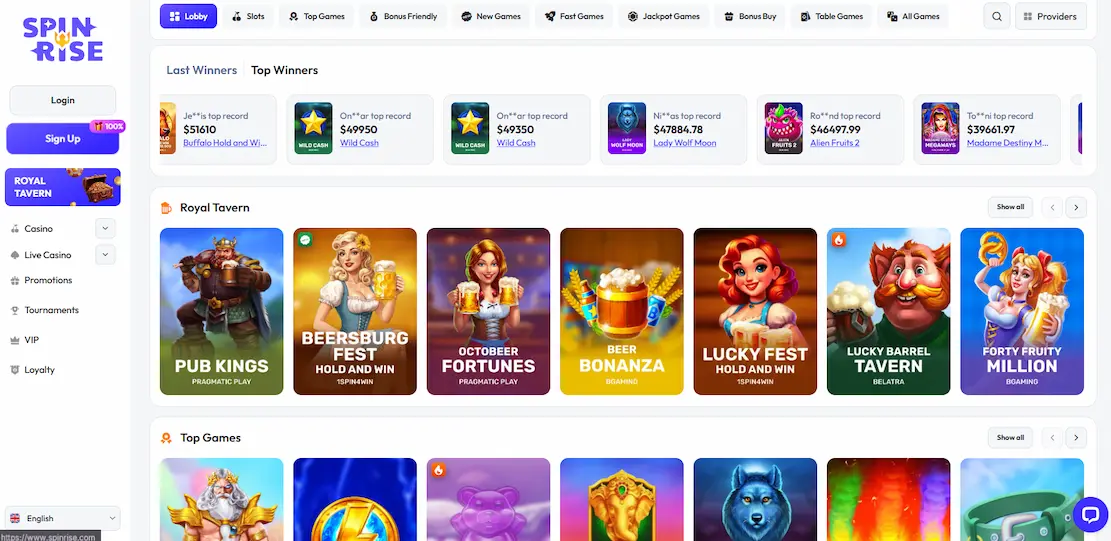 Spinrise Casino homepage showcasing its Canadian-friendly gaming platform