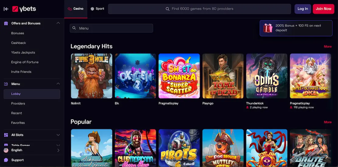 Ybets Casino game selection.