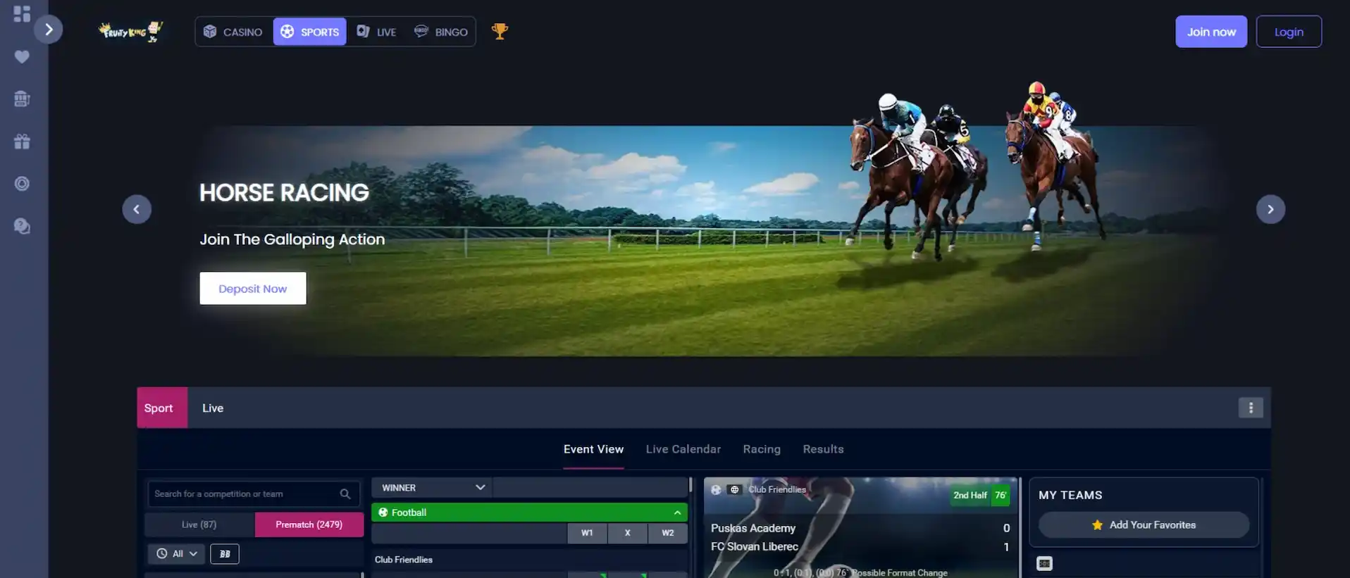 Fruity King Sportsbook betting interface showing live odds and sports markets