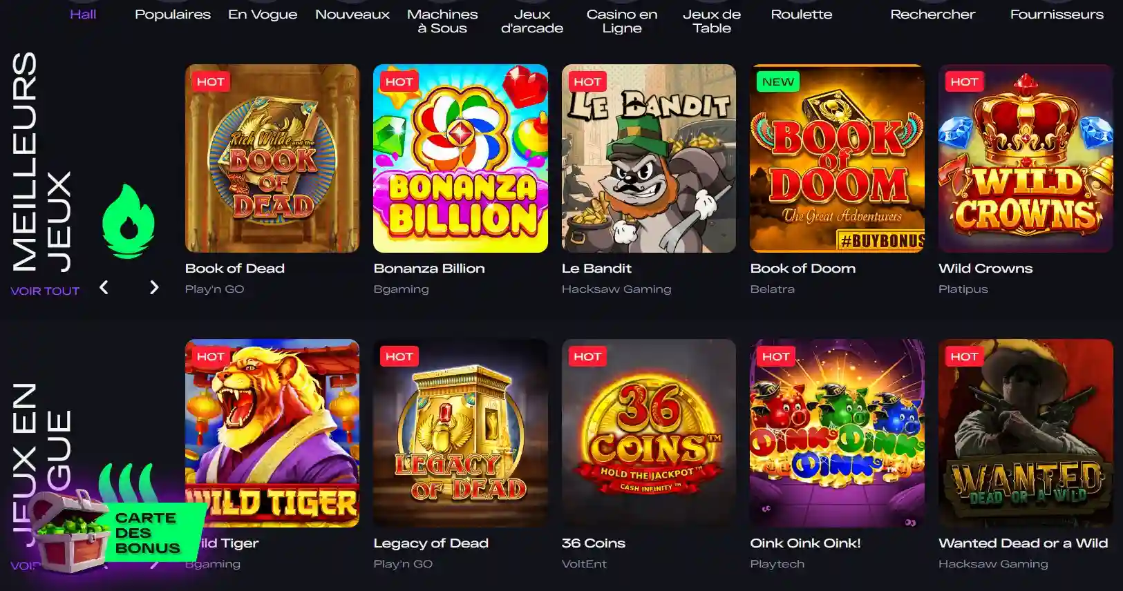 Aperçu de la ludothèque de jeux disponibles sur GlitchSpin au Canada