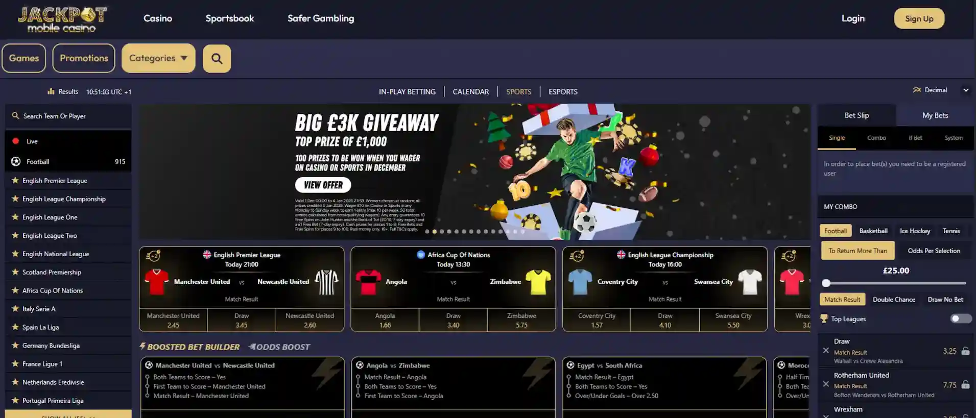 Jackpot Mobile Casino sportsbook interface showing live betting markets and sports categories