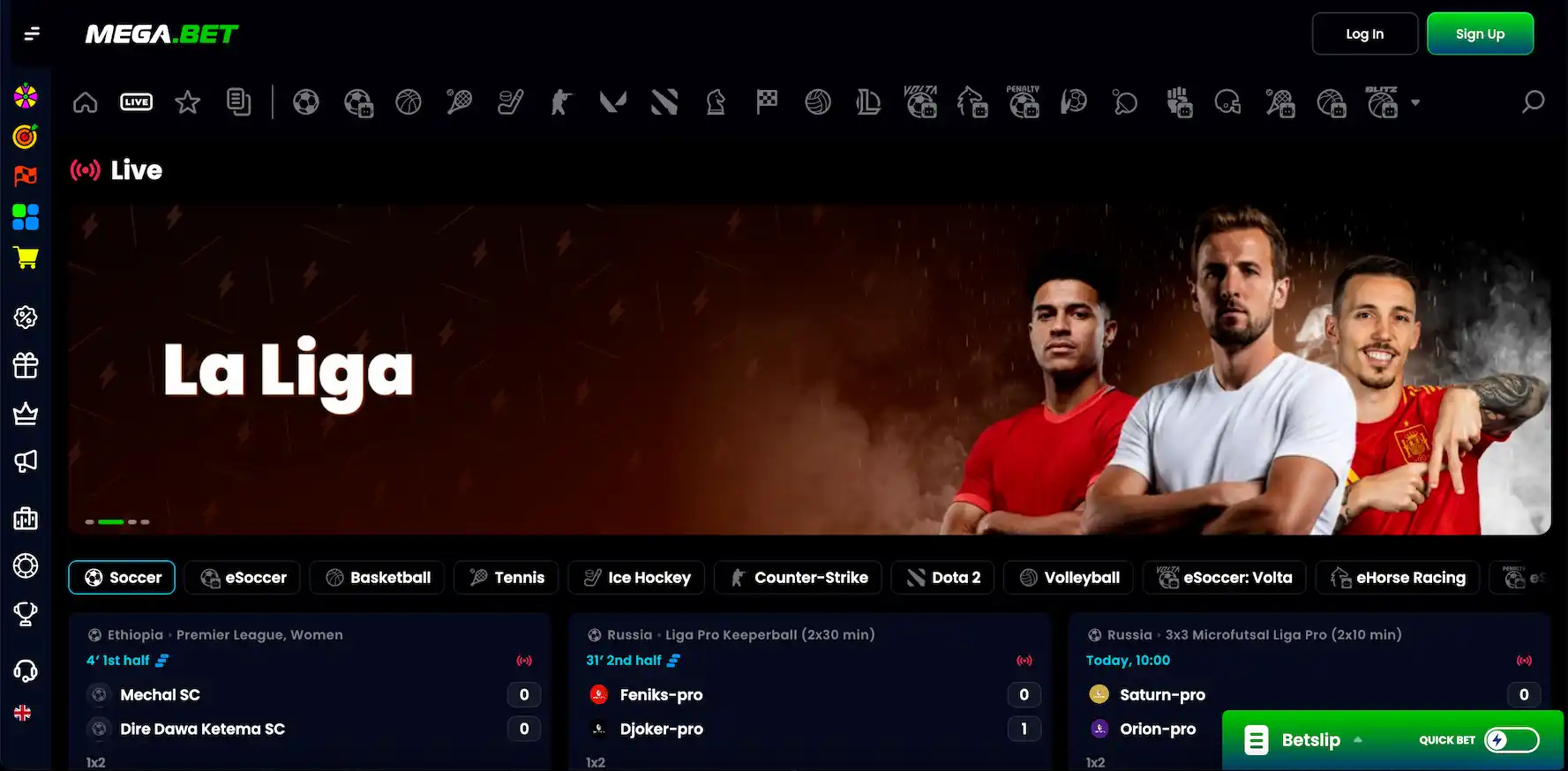 Mega.bet sportsbook betting interface with available markets