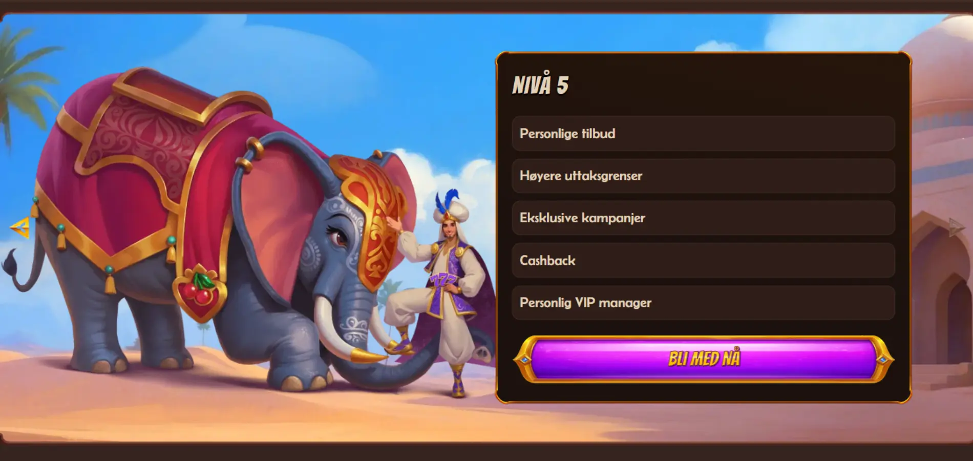 VIP-nivå 5 hos Abu King casino, med en elefant og en Aladdin-figur i forgrunnen.