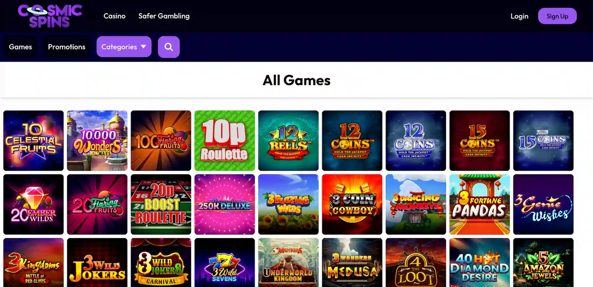 Cosmic Spins Casino mobile-optimised game lobby on a smartphone screen
