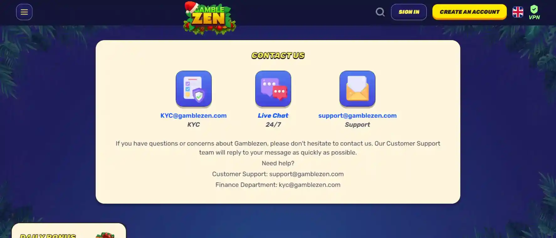 Gamblezen Casino Contact Us page showing available support channels