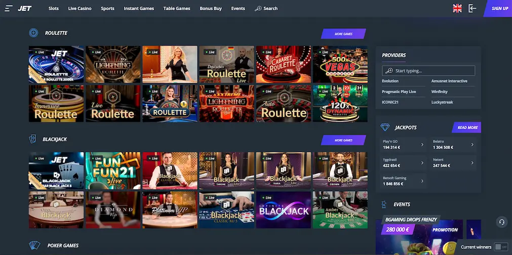Jet Casino full game selection lobby overview.