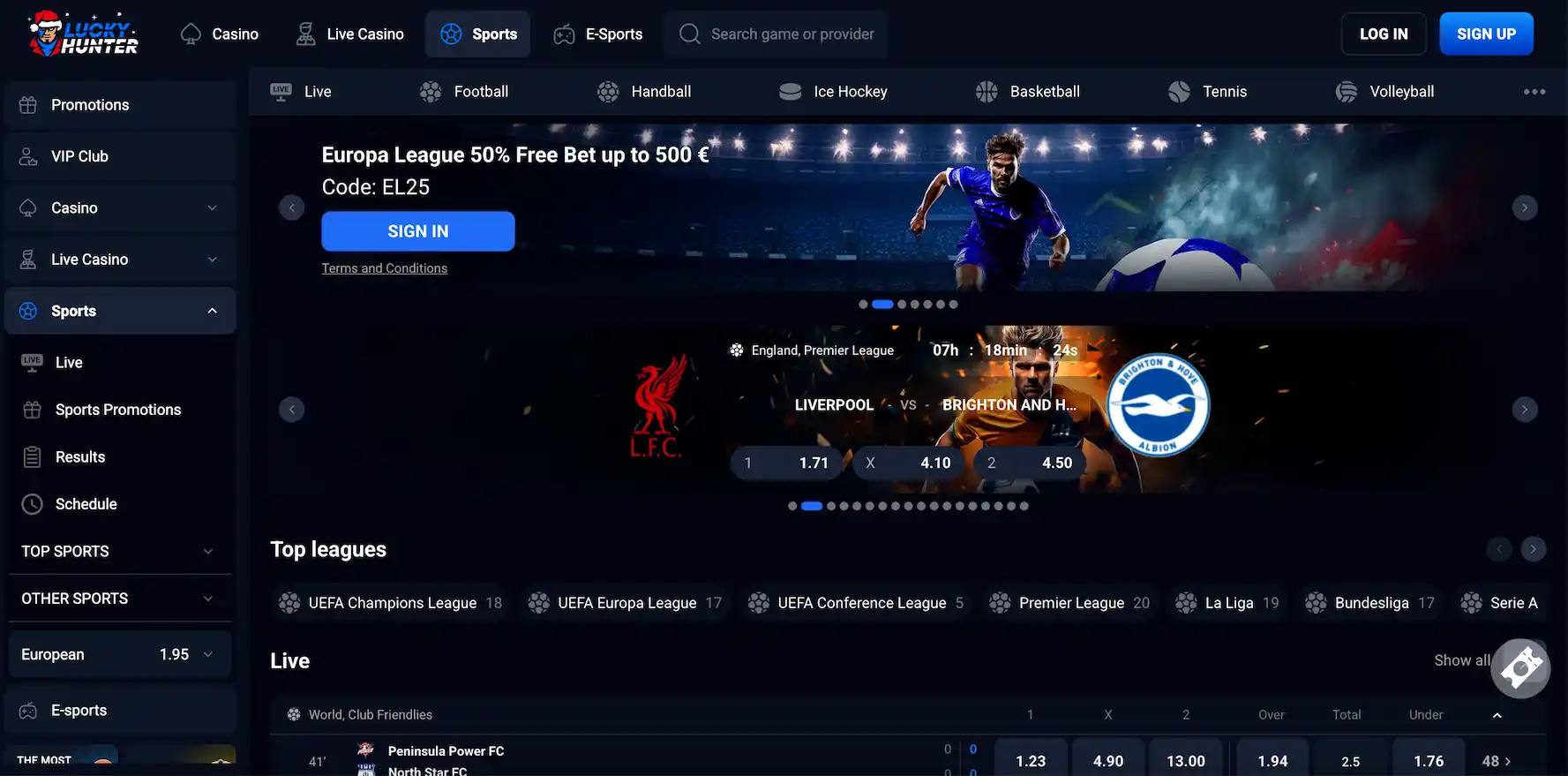 Lucky Hunter Casino sportsbook betting interface showing live match odds.