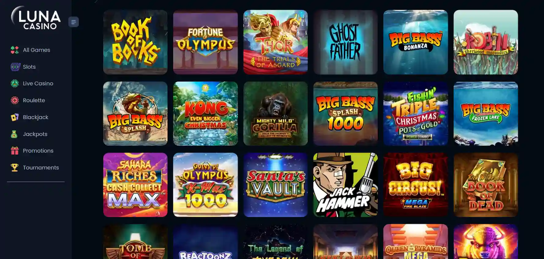 Luna Casino game lobby showing a variety of casino game categories on a blue background