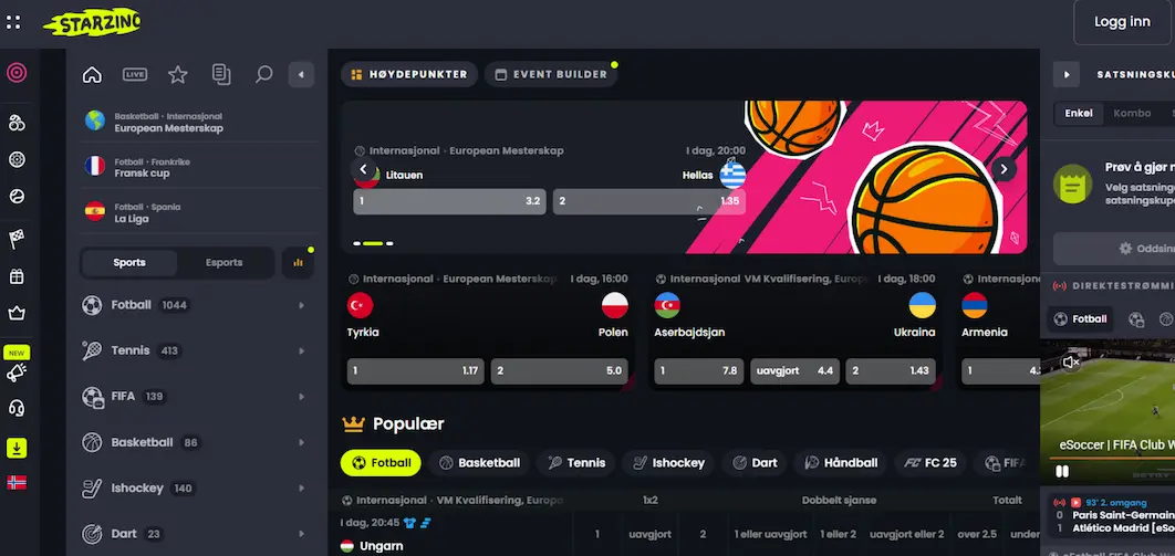 Starzino sportsbetting-seksjon med bredt utvalg av idretter og live betting-muligheter