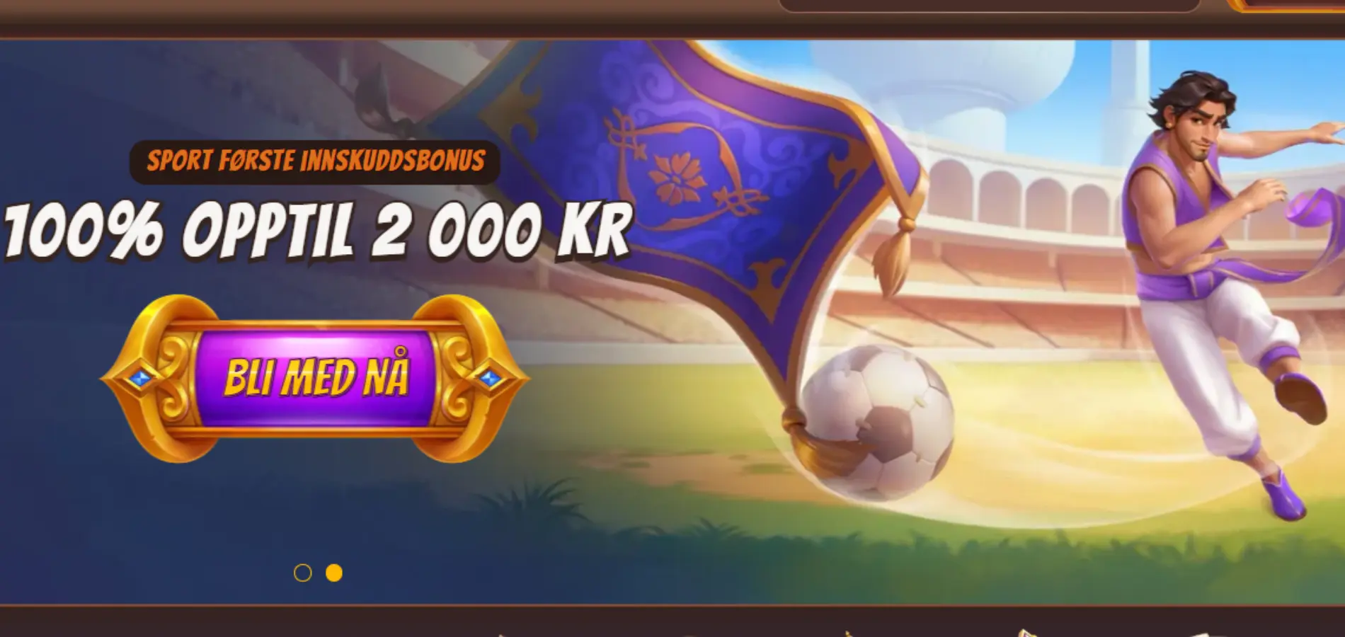 Aladdin og Teppe spiller fotball, med en fremhevet sportsbonustilbud fra Abu King i bakgrunnen.