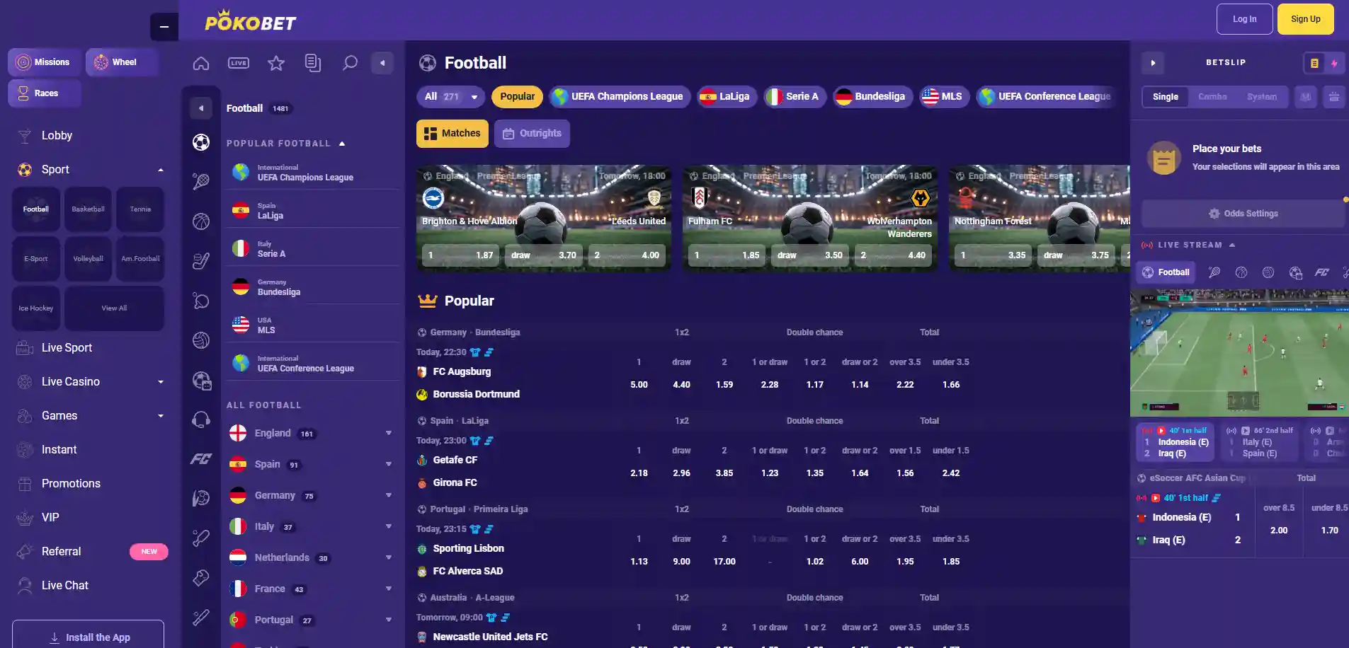 PokoBet Casino sports betting lobby overview