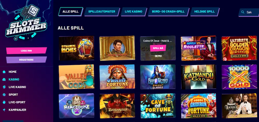 Spilloversikten hos Slots Hammer casino med navigasjonsmeny til venstre og spillkategorien 'Alle spill' øverst