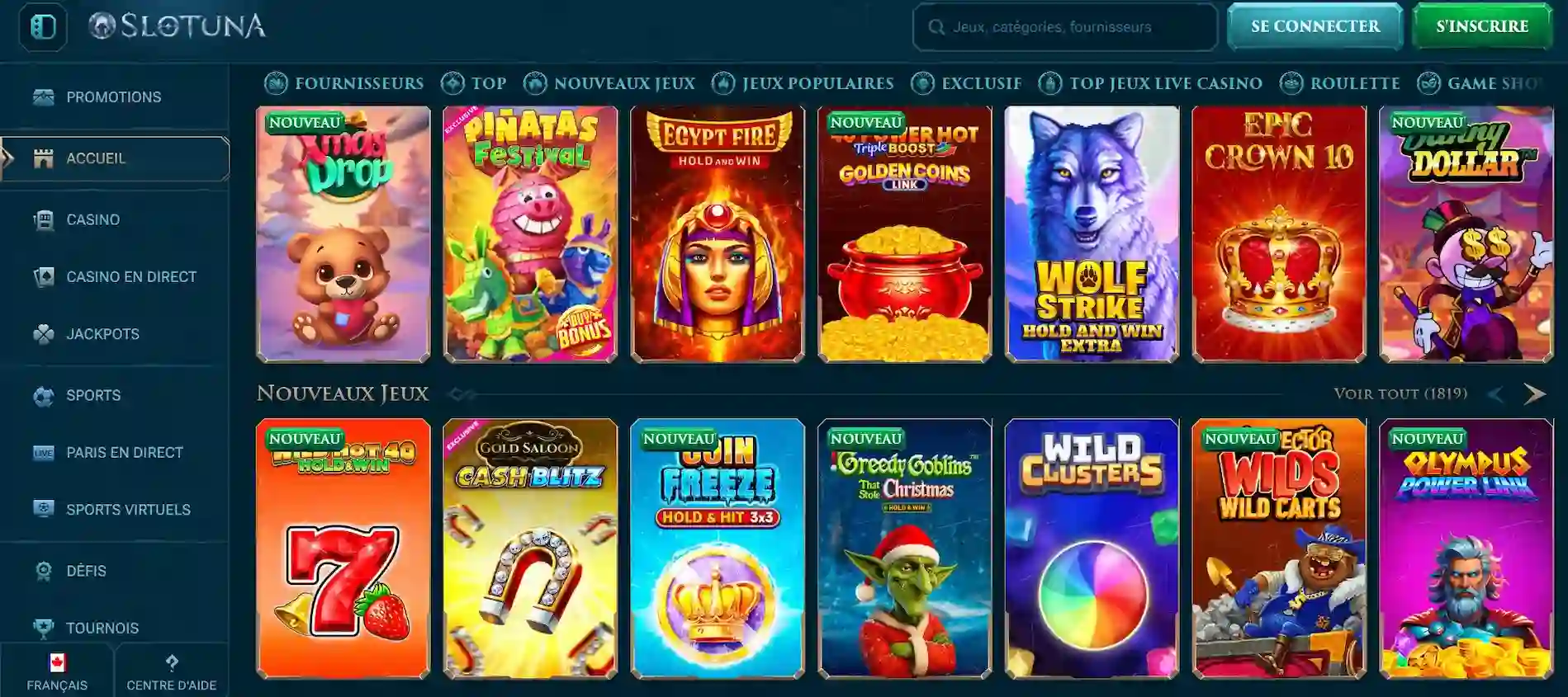Interface principale de Slotuna Casino affichant la ludothèque de machines à sous avec catégories, nouveautés et vignettes de jeux colorées