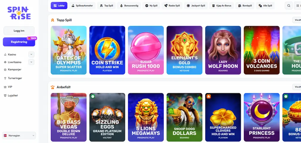 Oversikt over spillbiblioteket hos Spinrise casino med navigasjonsmeny til venstre og et utvalg av tilgjengelige spill.