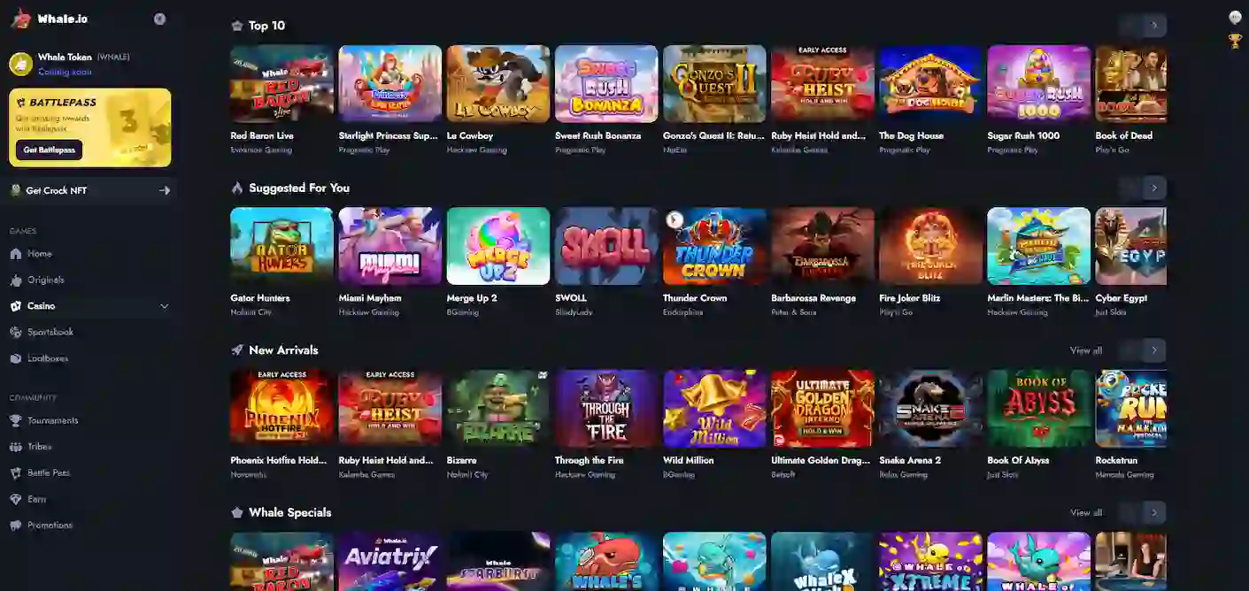 Utvalg av casinospill tilgjengelig i spillobbyen hos Whale.io