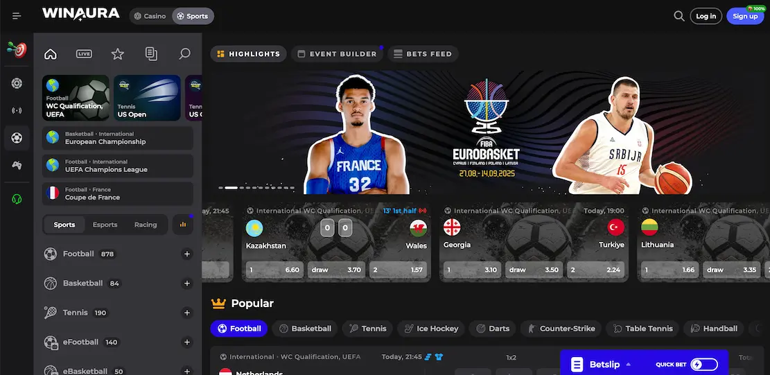 Winaura Casino sportsbook betting interface showing live odds and sports markets