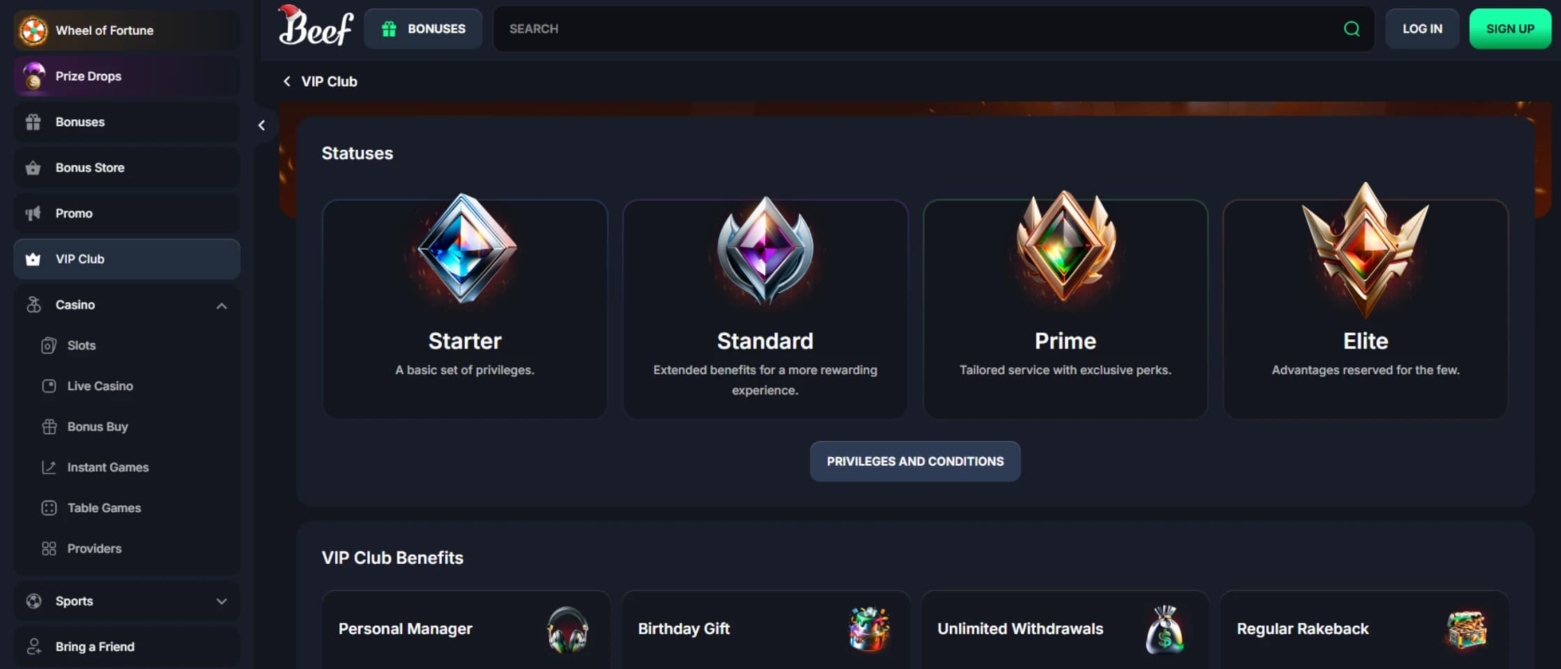 Beef Casino VIP Program page showing the four loyalty tiers