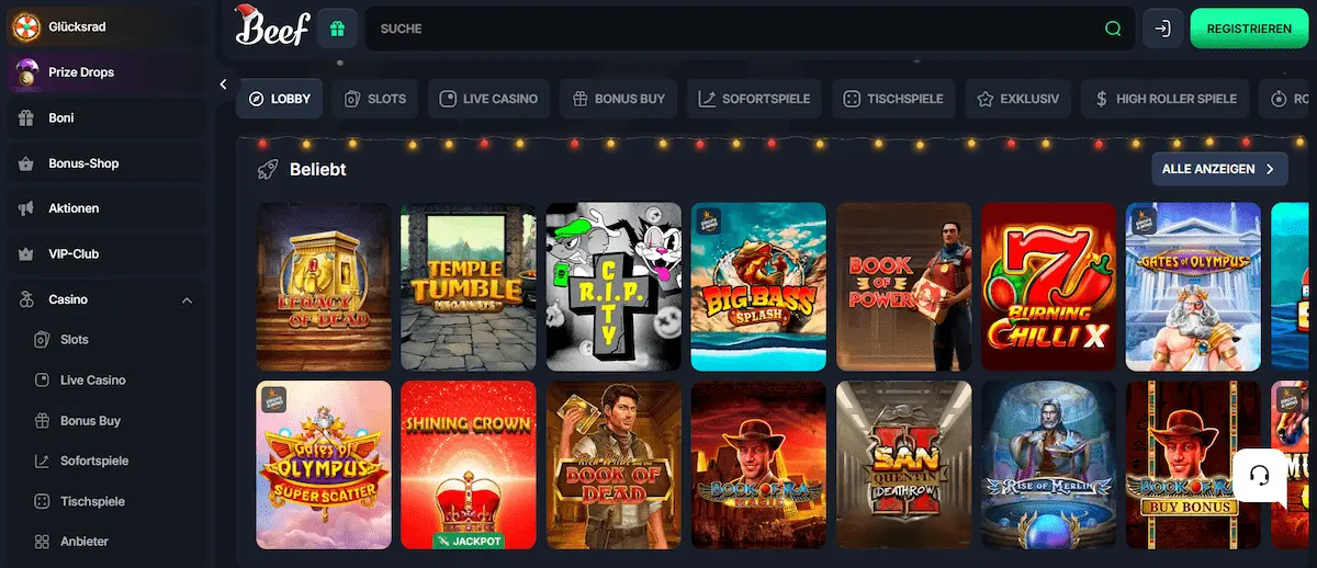 Übersicht der beliebtesten Slots und Spielkategorien bei Beef Casino