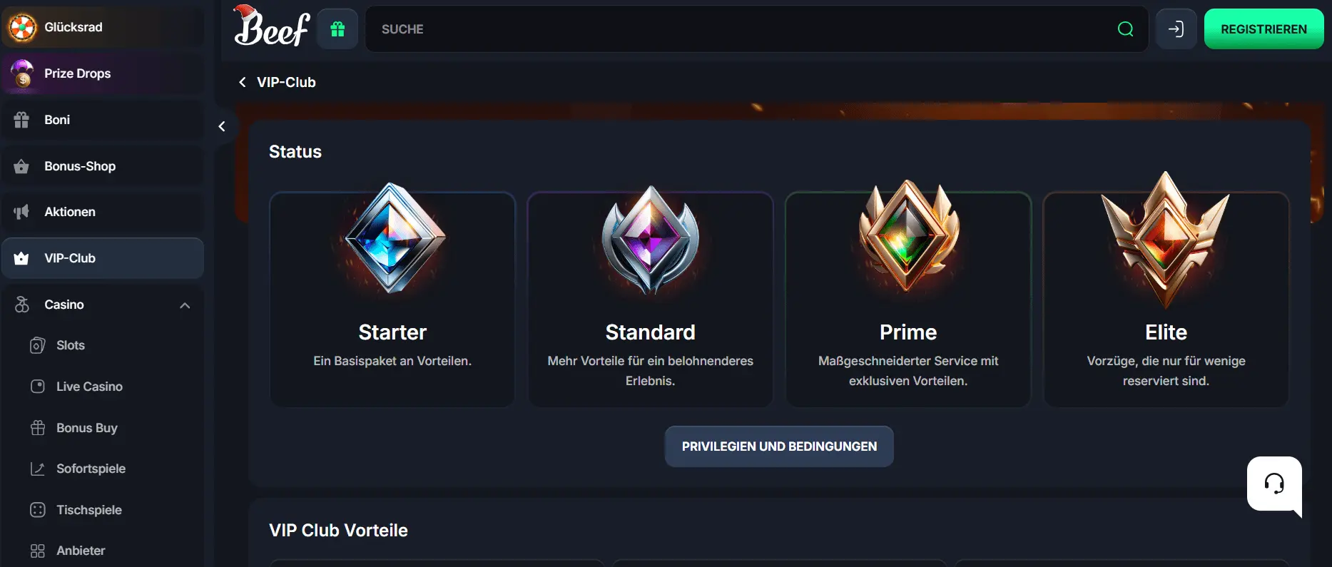 Übersicht der VIP-Stufen im Beef Casino VIP Club
