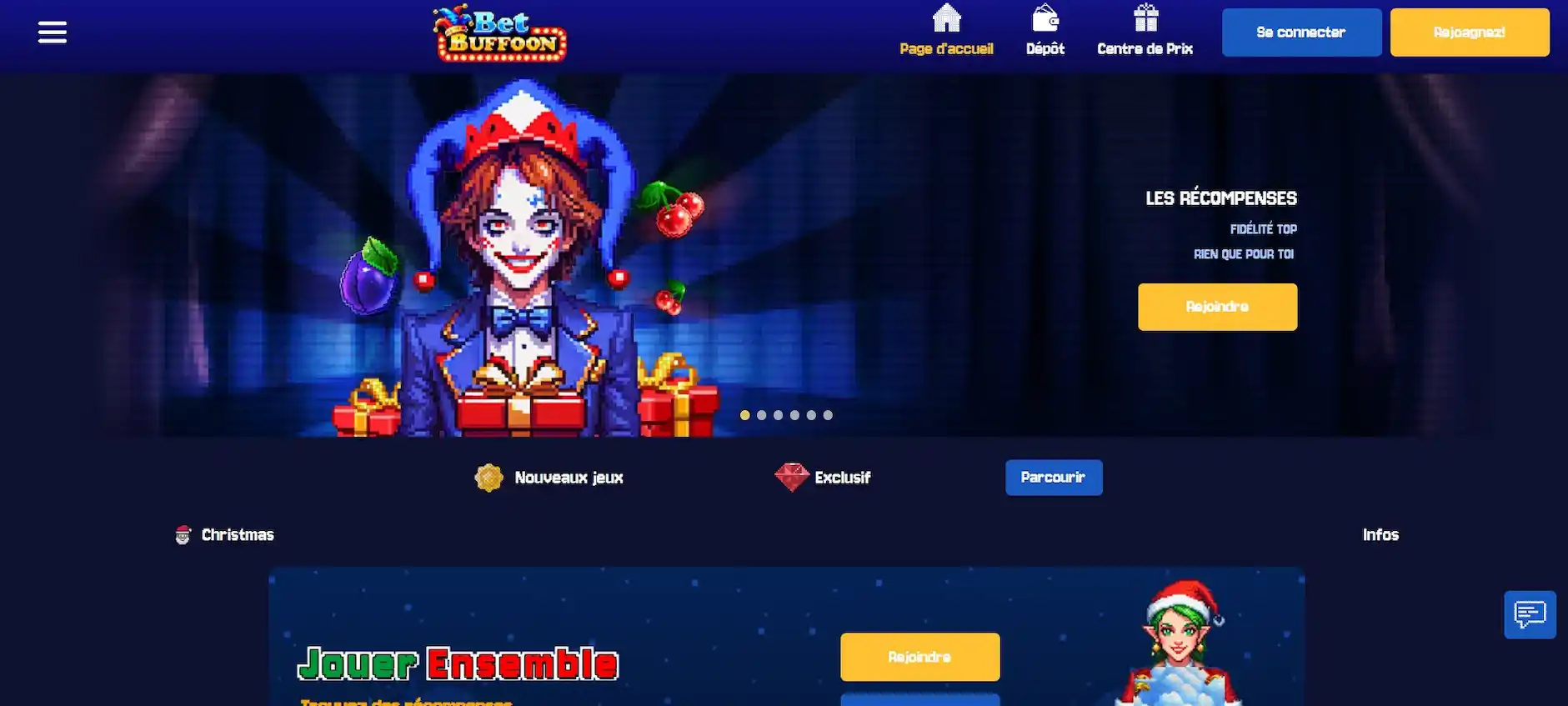 Bannière d'accueil de Bet Buffoon Casino avec mascotte joker en pixel art et accès aux récompenses, nouveaux jeux et offres exclusives.