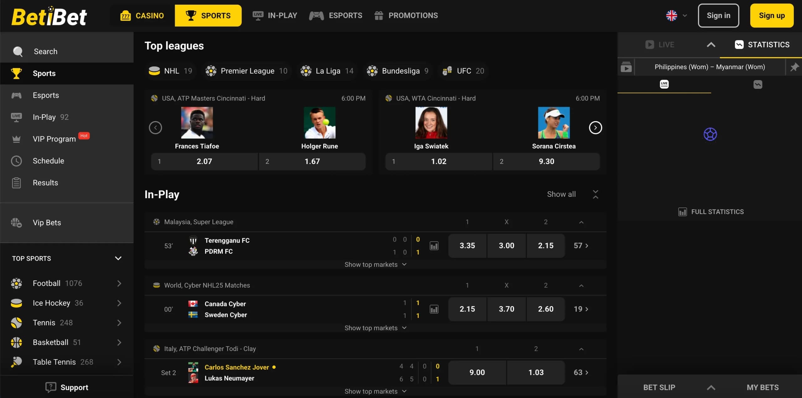 BetiBet Casino sportsbook interface showing live betting markets and odds
