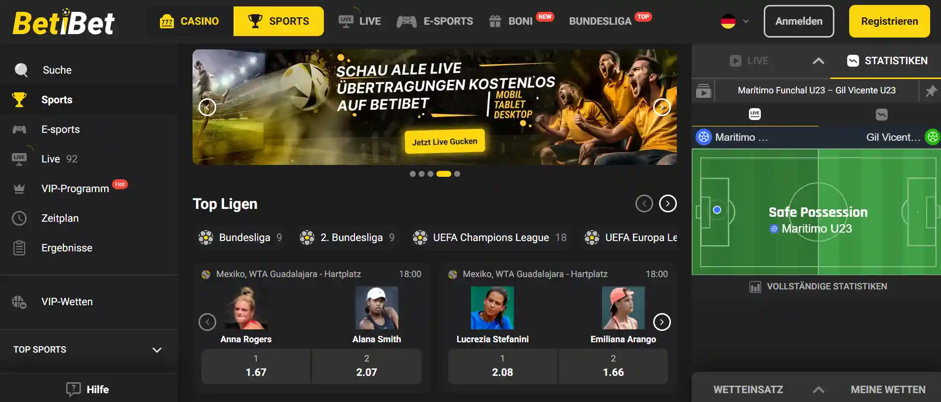 Verschiedene Wettoptionen im Sportwetten-Bereich von BetiBet.