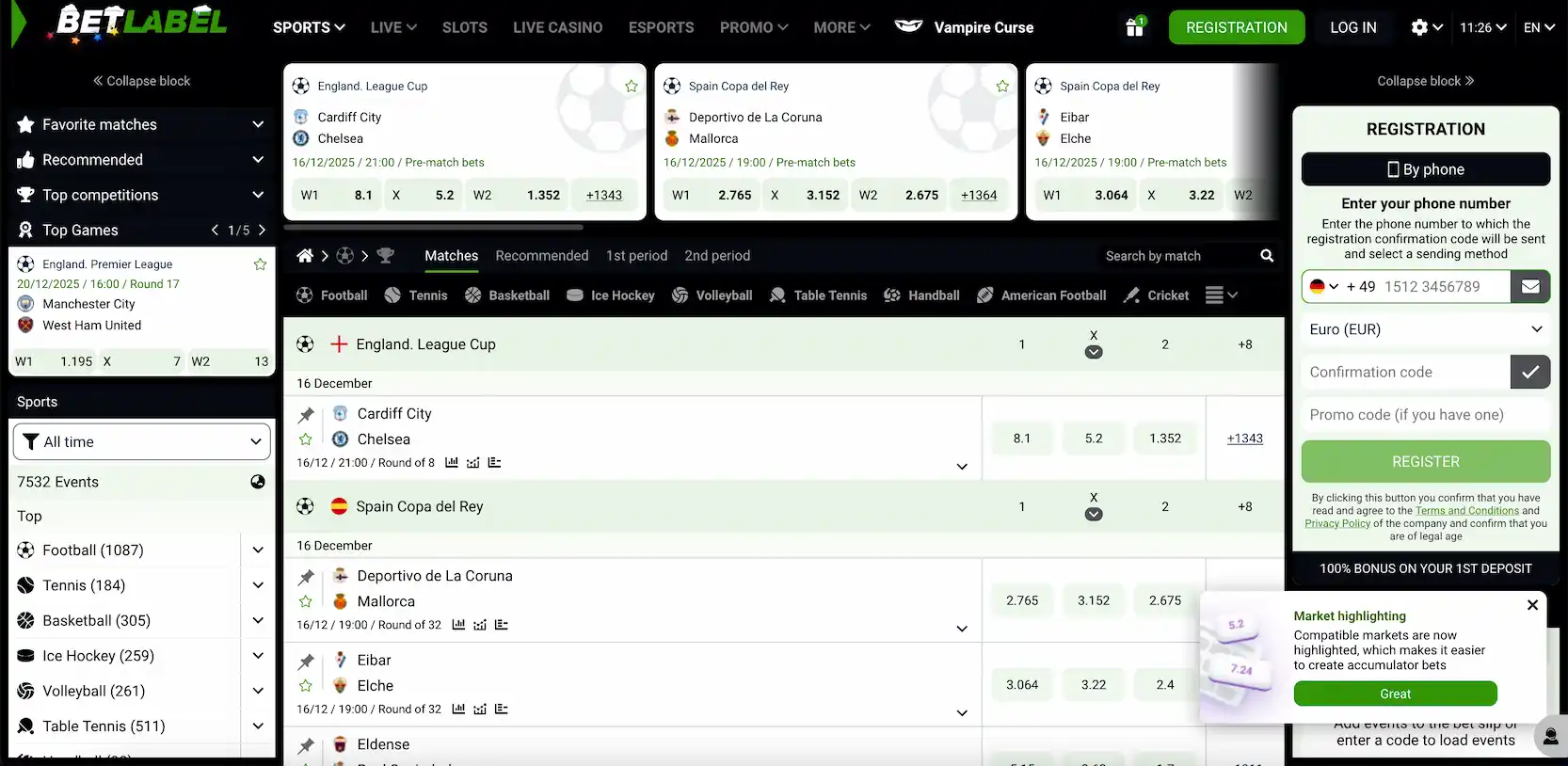 BetLabel sportsbook interface showing sports betting markets and live wagering options.