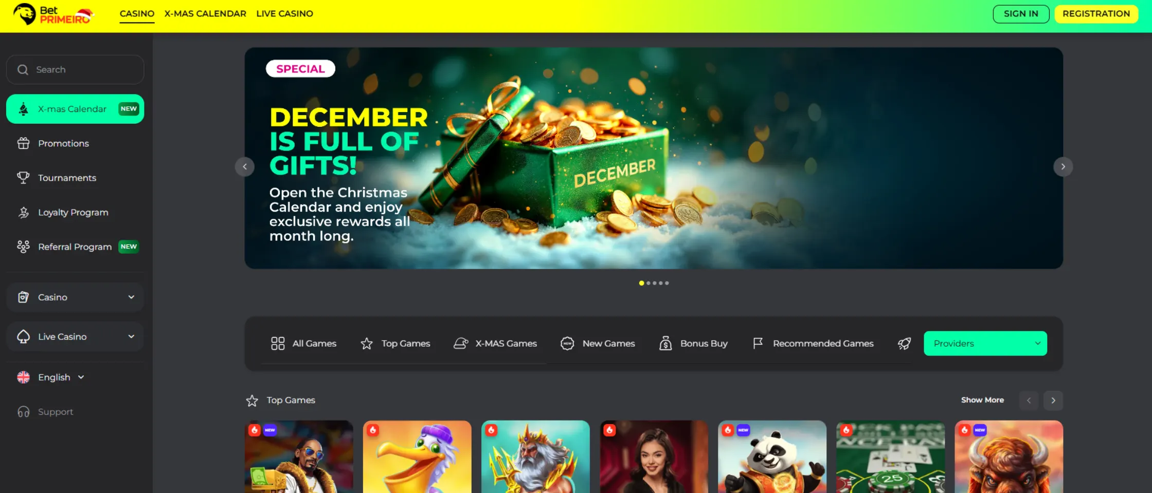 BetPRIMEIRO Casino homepage showing the main lobby and navigation menu