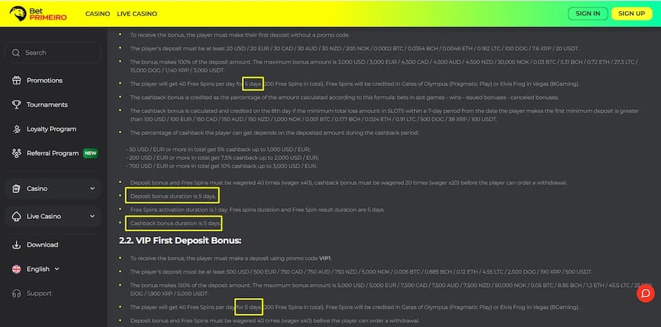 BetPRIMEIRO bonus expiry terms and conditions highlighted in the casino interface