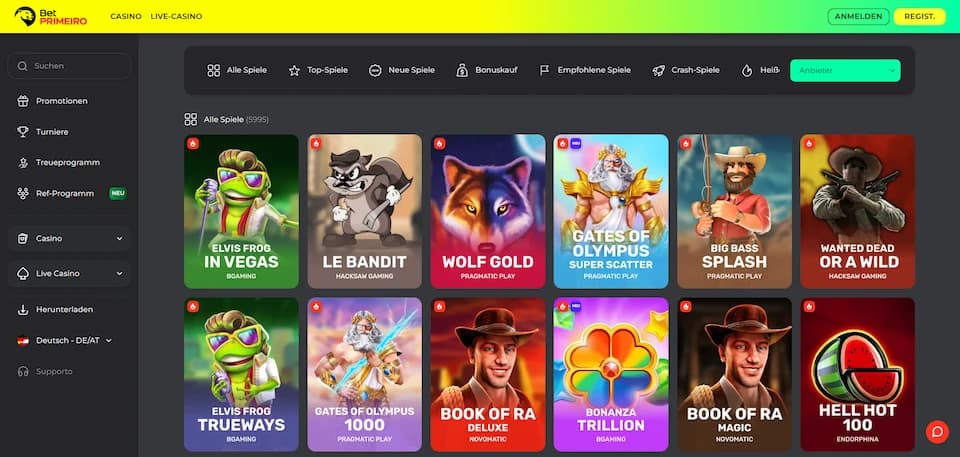 BetPRIMEIRO Casino Spielangebot mit Slots und Tischspielen