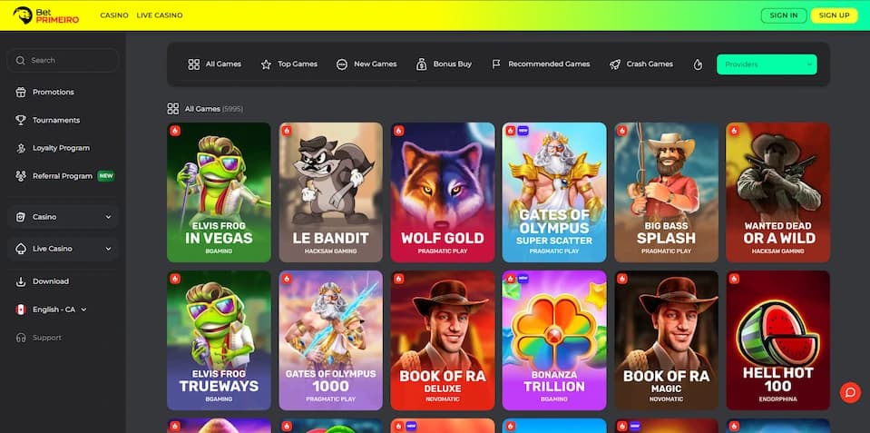 BetPRIMEIRO Casino game lobby showcasing new releases, bonus buy slots, and recommended titles for Canadian players.