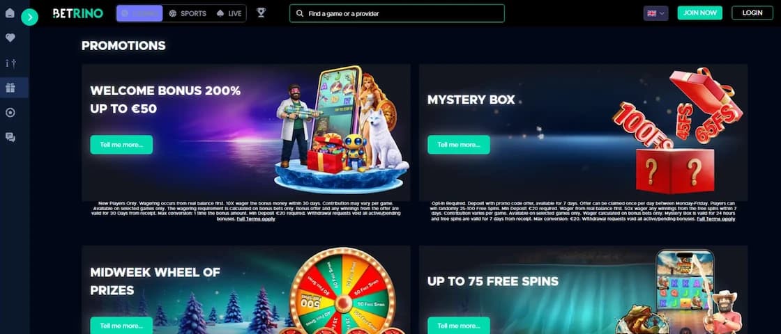 Betrino Casino Promotions page showing available bonus offers