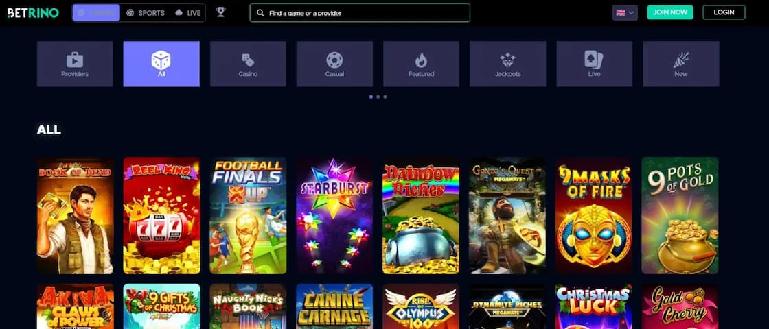 Betrino Casino full game lobby showing diverse slot and table game selection