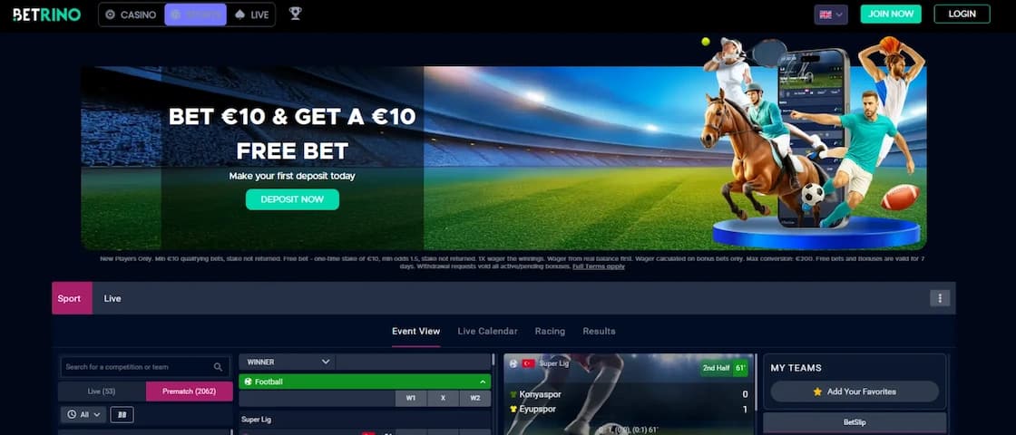 Betrino Casino sportsbook interface showing live betting markets and odds