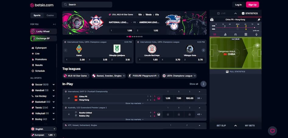 Betsio.com sportsbook page showing sports betting markets and live events.