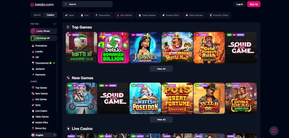 Betsio.com casino lobby screenshot showing game selection