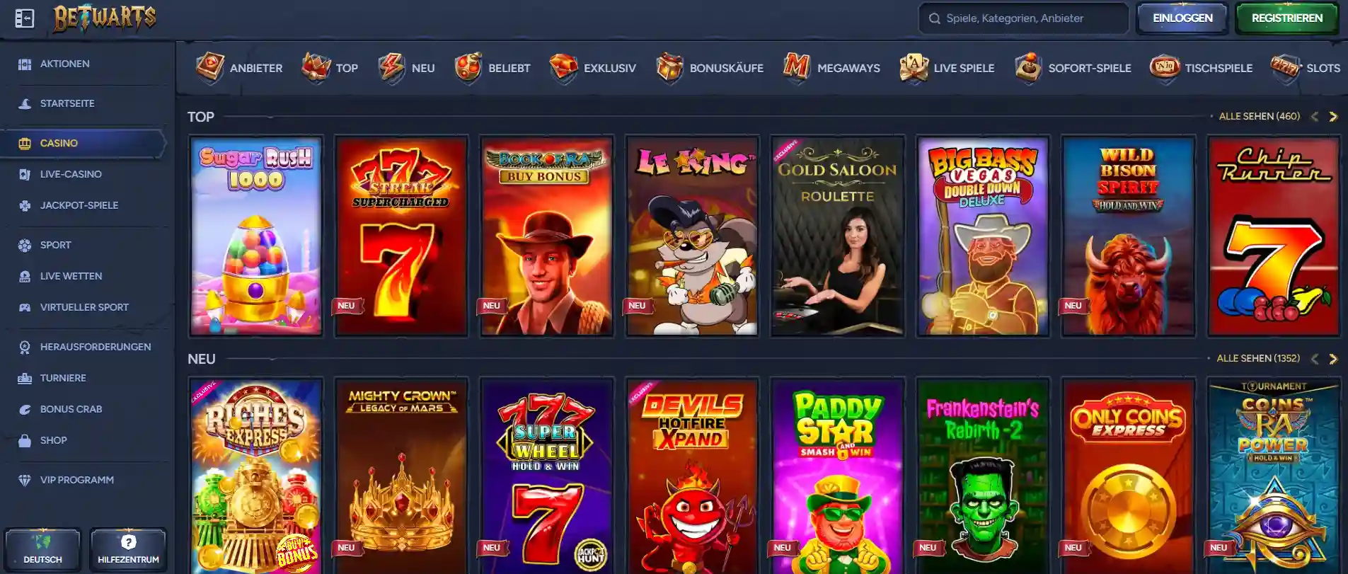 Betwarts Casino Spielautomaten Auswahl mit über 10.000 Slots