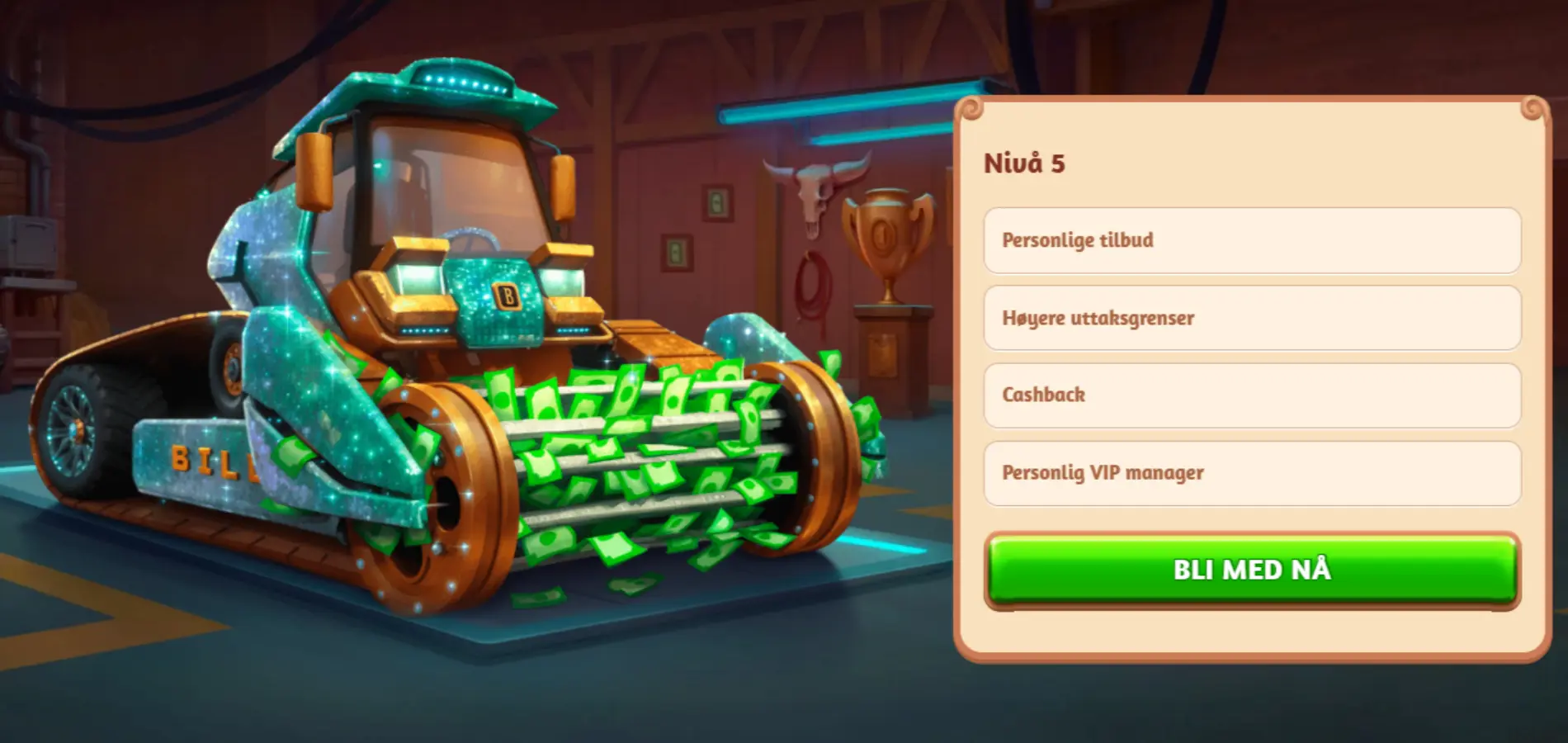 Illustrasjon av nivå 5 i BillyBets VIP-program med en trofe fylt av pengesedler