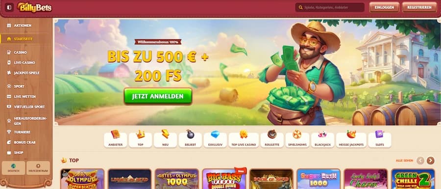 BillyBets Casino Startseite mit Spielangebot und Navigation