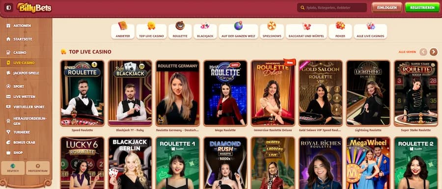 BillyBets Live Casino Lobby mit echten Dealern in Echtzeit