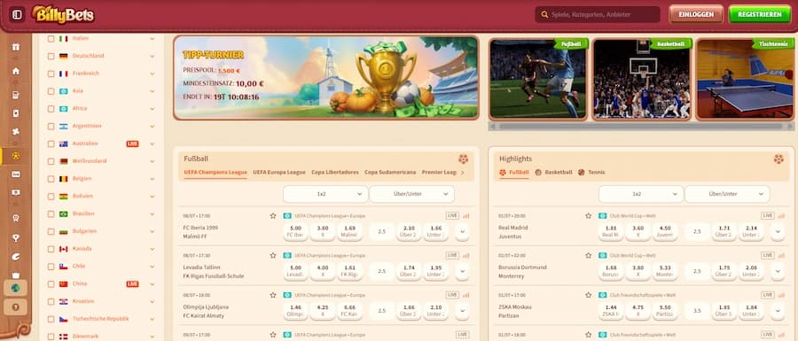 Sportwetten-Bereich bei BillyBets Casino mit verschiedenen Wettmärkten