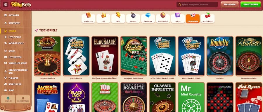 BillyBets Casino Tischspiele Seite mit Roulette und Blackjack Varianten