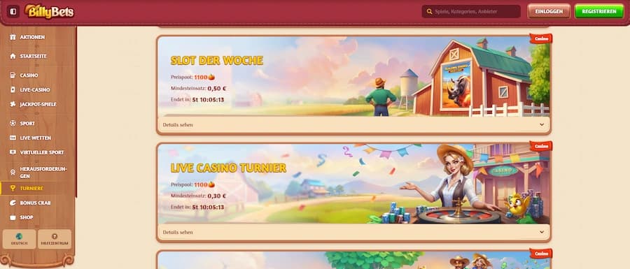 Turnierübersicht bei BillyBets Casino mit aktuellen Preispools