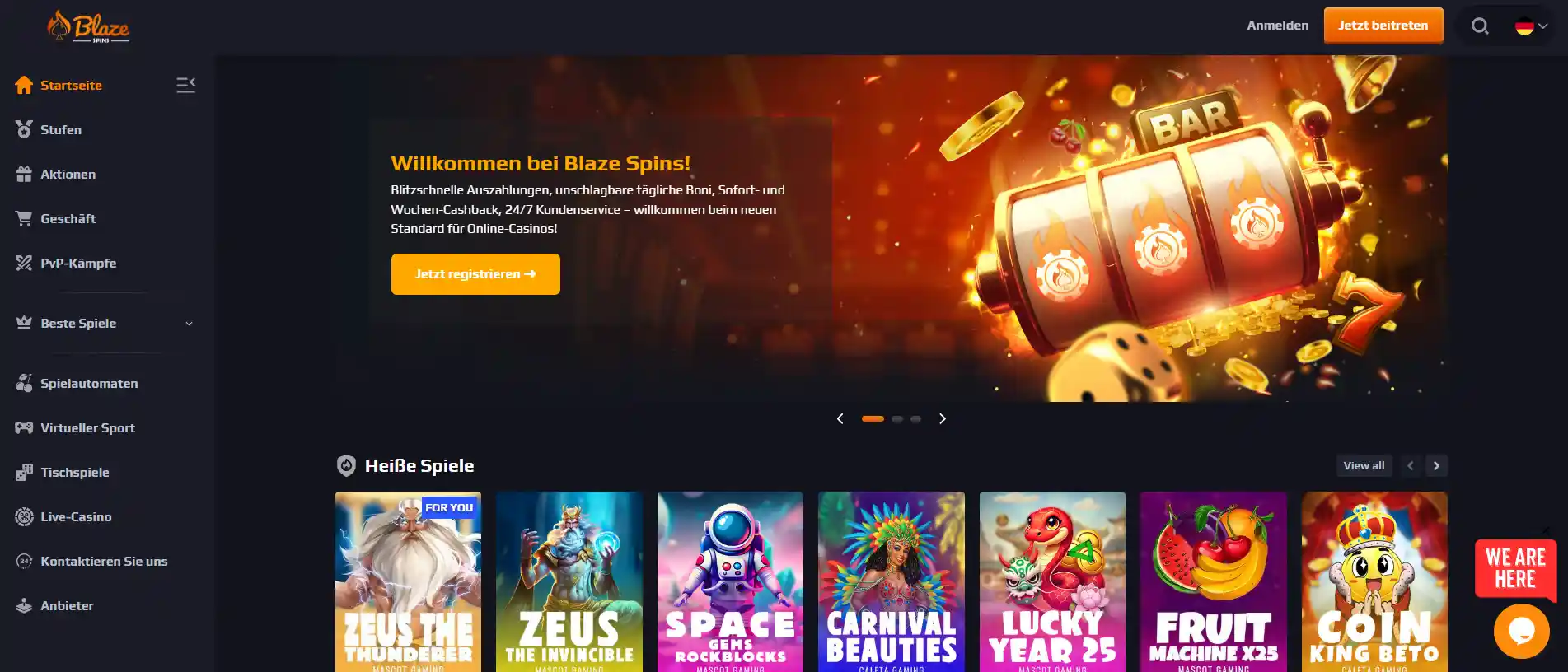 Blaze Spins Casino Startseite mit Willkommensbanner, Navigationsmenü, einer Auswahl beliebter Spiele sowie den Schaltflächen 'Anmelden' und 'Jetzt mitspielen'.