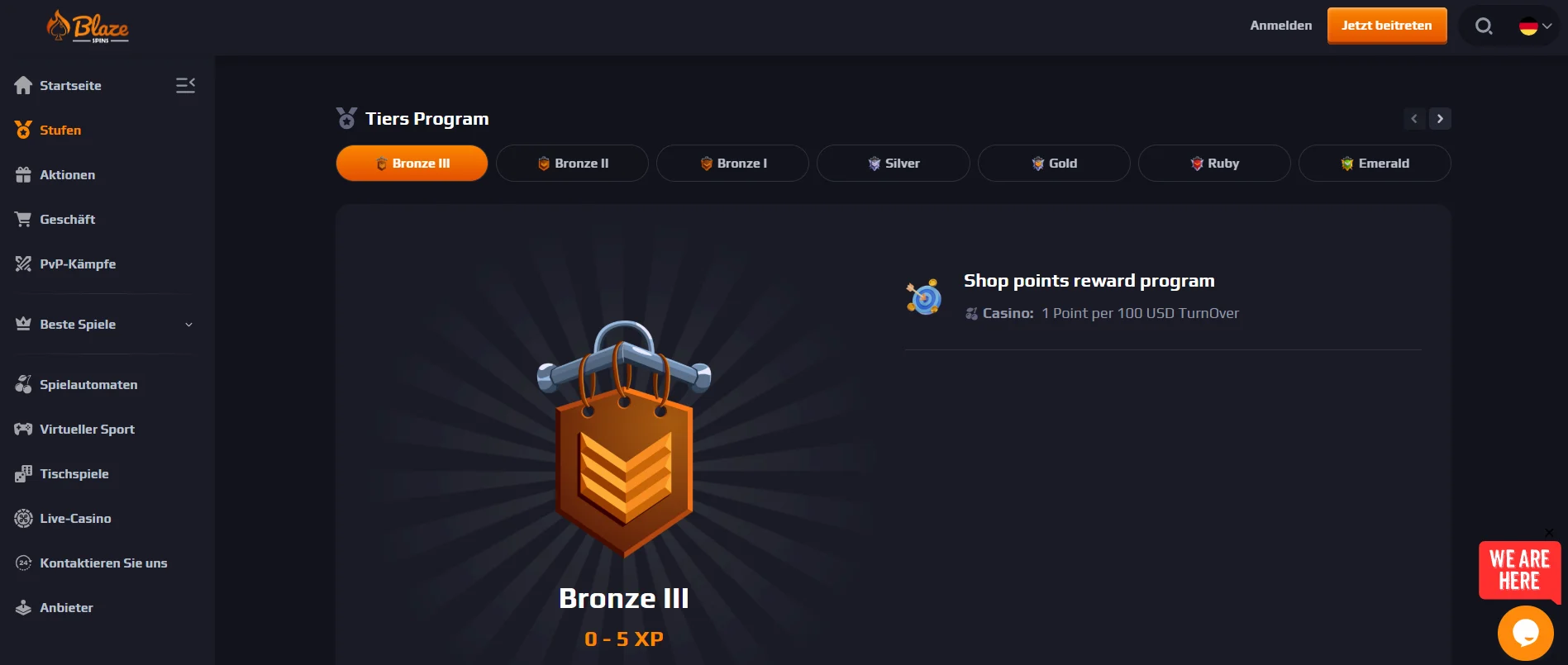 Blaze Spins Casino VIP-Bereich mit Menüoptionen, Anmelden- und Jetzt-beitreten-Buttons sowie dem Stufenprogramm inklusive Details zur Bronze-III-Stufe.