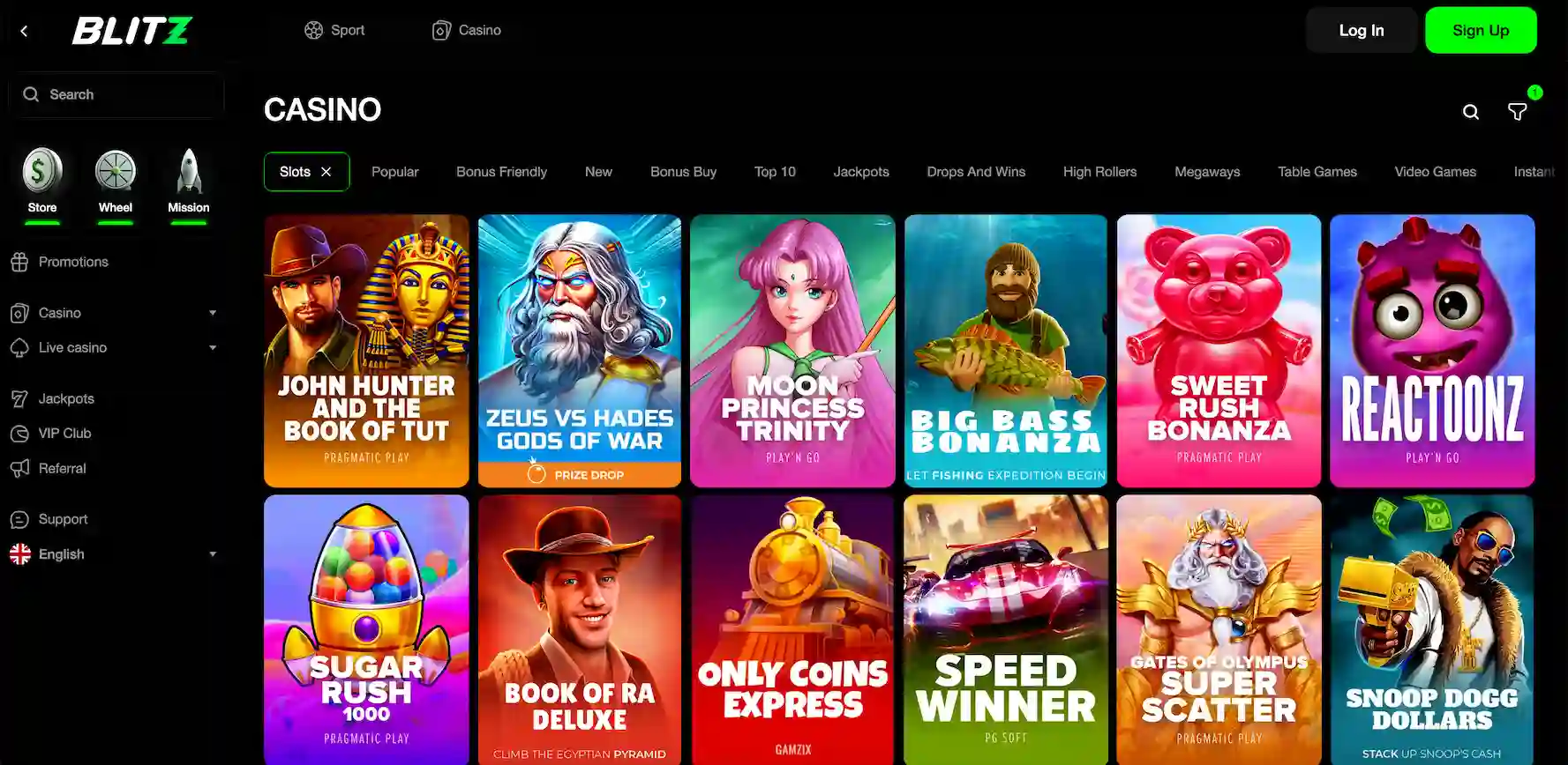 Blitz.bet Casino full game lobby overview.