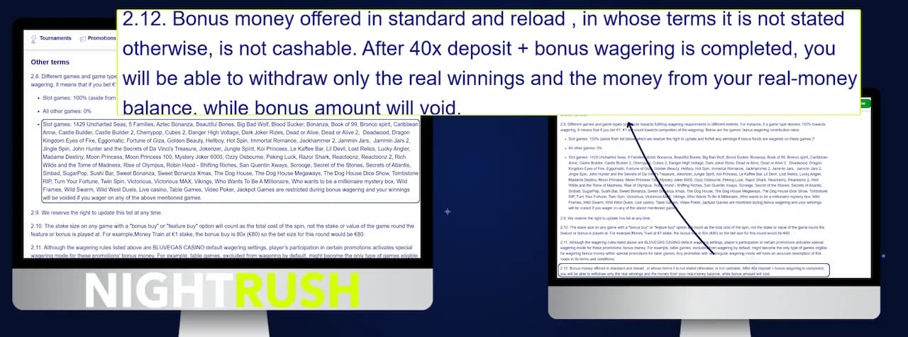 Screen showing BluVegas bonus terms page with section 2.12 highlighted in a callout box